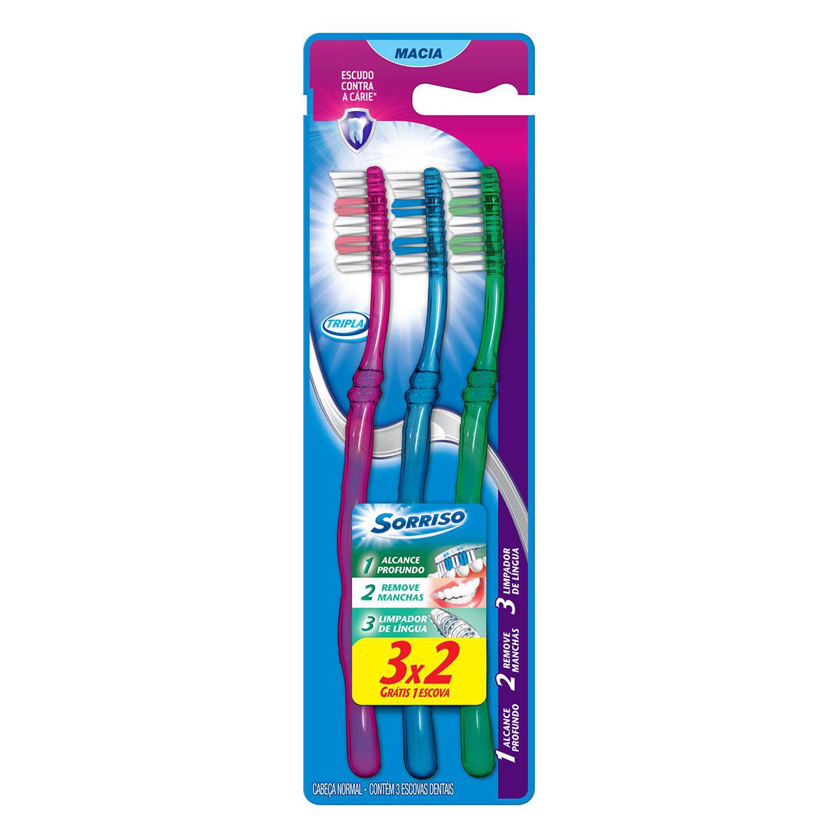 Escova de Dente Sorriso Tripla 1 2 3 3unid Promo Leve 3 Pague 2