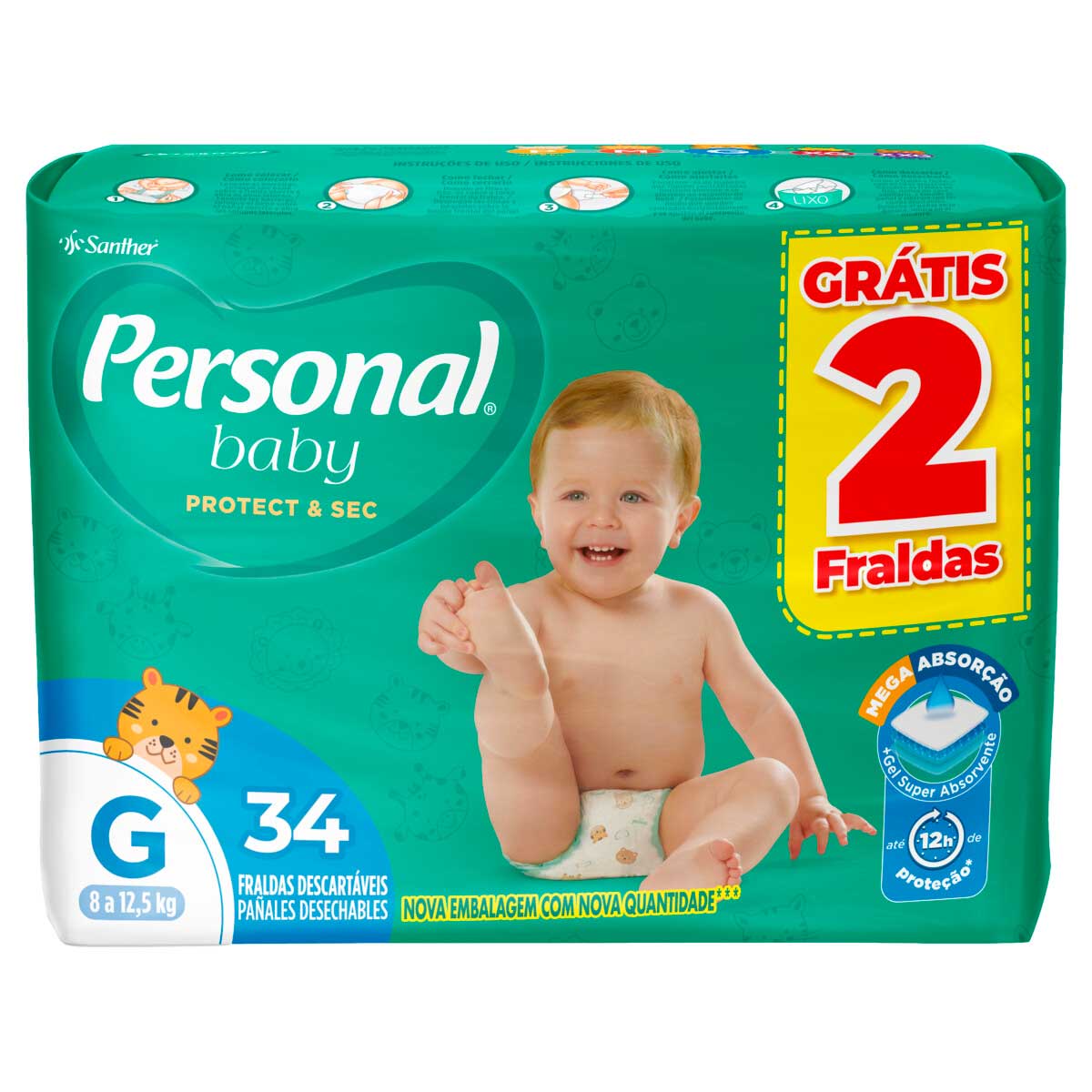 Fralda Descartável Infantil Personal Baby Protect &amp; Sec G 34 Unidades Grátis 2 Fraldas