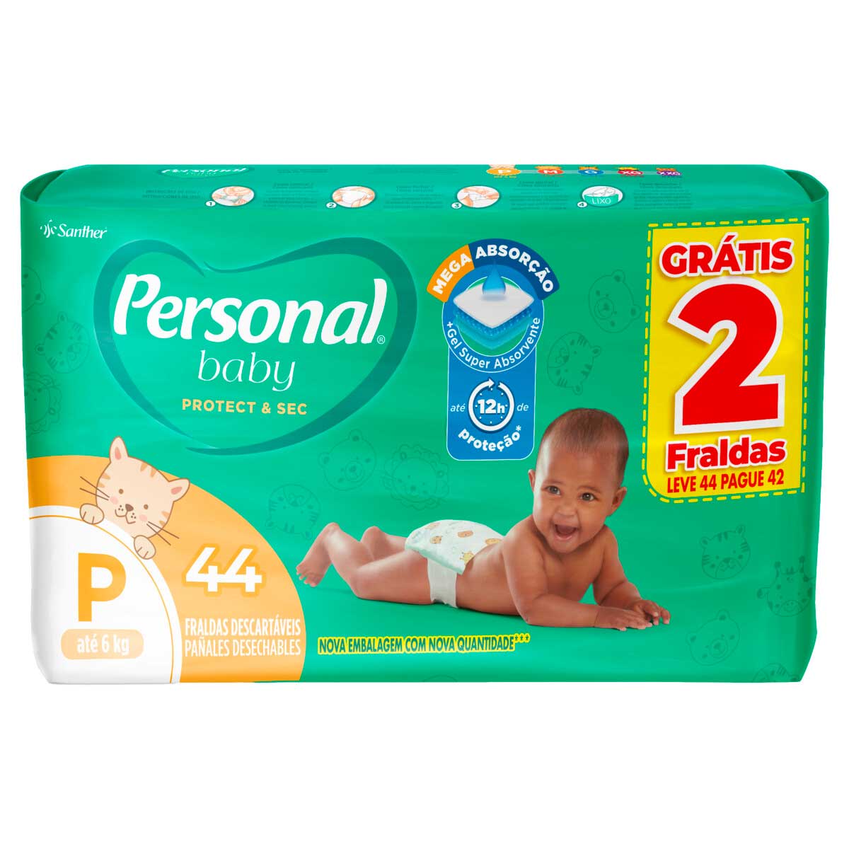 Fralda Descartável Infantil Personal Baby Protect &amp; Sec P Leve 44 Pague 42 Unidades