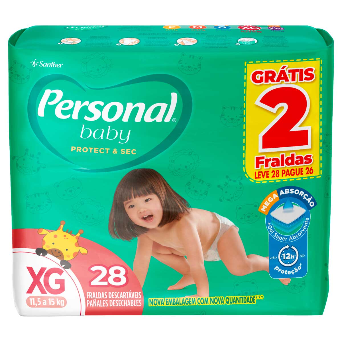 Fralda Descartável Infantil Personal Baby Protect &amp; Sec XG Leve 28 Pague 26 Unidades