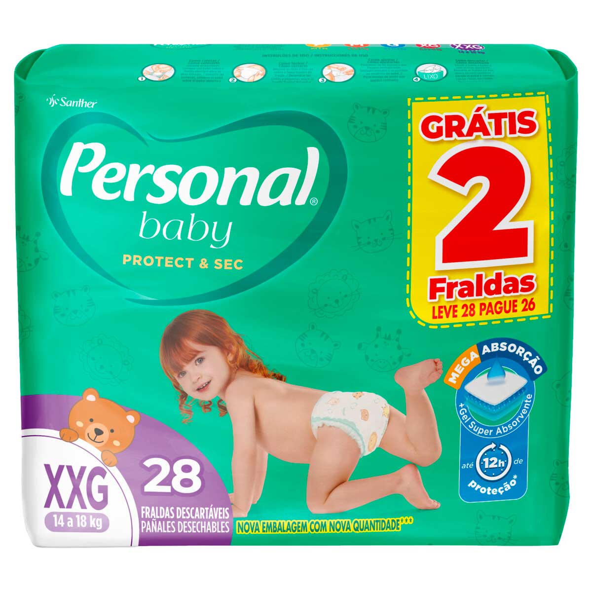 Fralda Descartável Infantil Personal Baby Protect &amp; Sec XXG Leve 28 Pague 26 Unidades