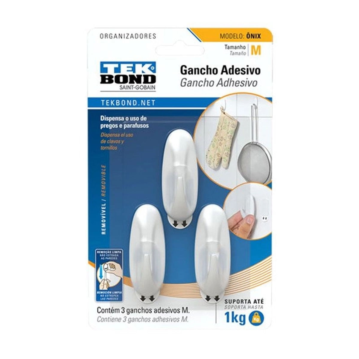 Gancho Adesivo Ônix de Plástico Branco Tamanho Médio 1 Kg Tek Bond 3 Unidades