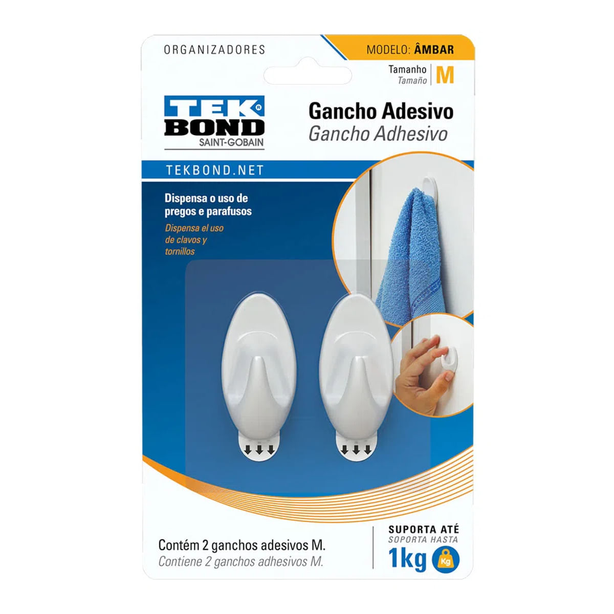 Gancho Adesivo Ambar de Plástico Branco Tamanho Médio 1 Kg Tek Bond 2 Unidades