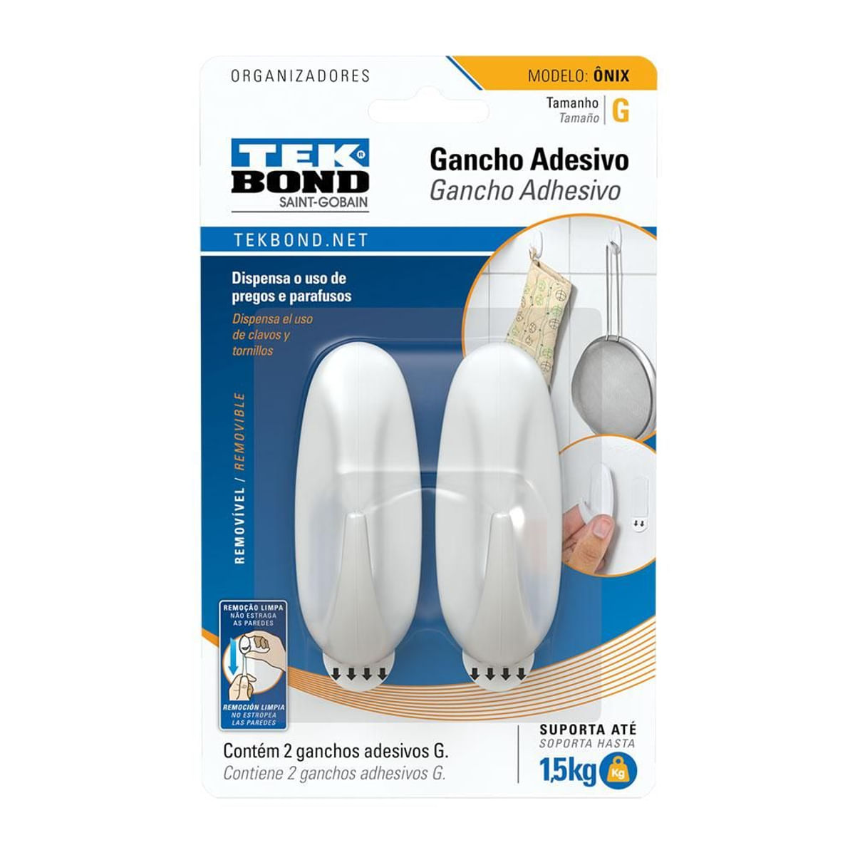 Gancho Adesivo Quartzo de Plástico Branco Tamanho GrandeTek Bond 1,5 Kg 2 Unidades