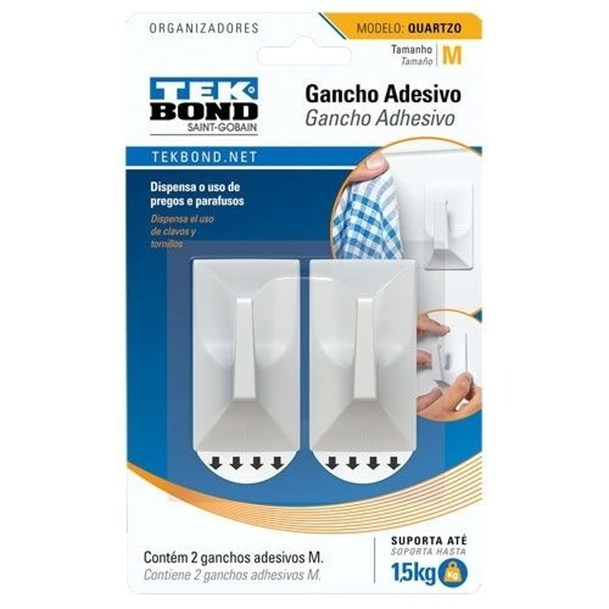 Gancho Adesivo Quartzo de Plástico Branco Tamanho Médio Tek Bond 1,5 Kg 2 Unidades