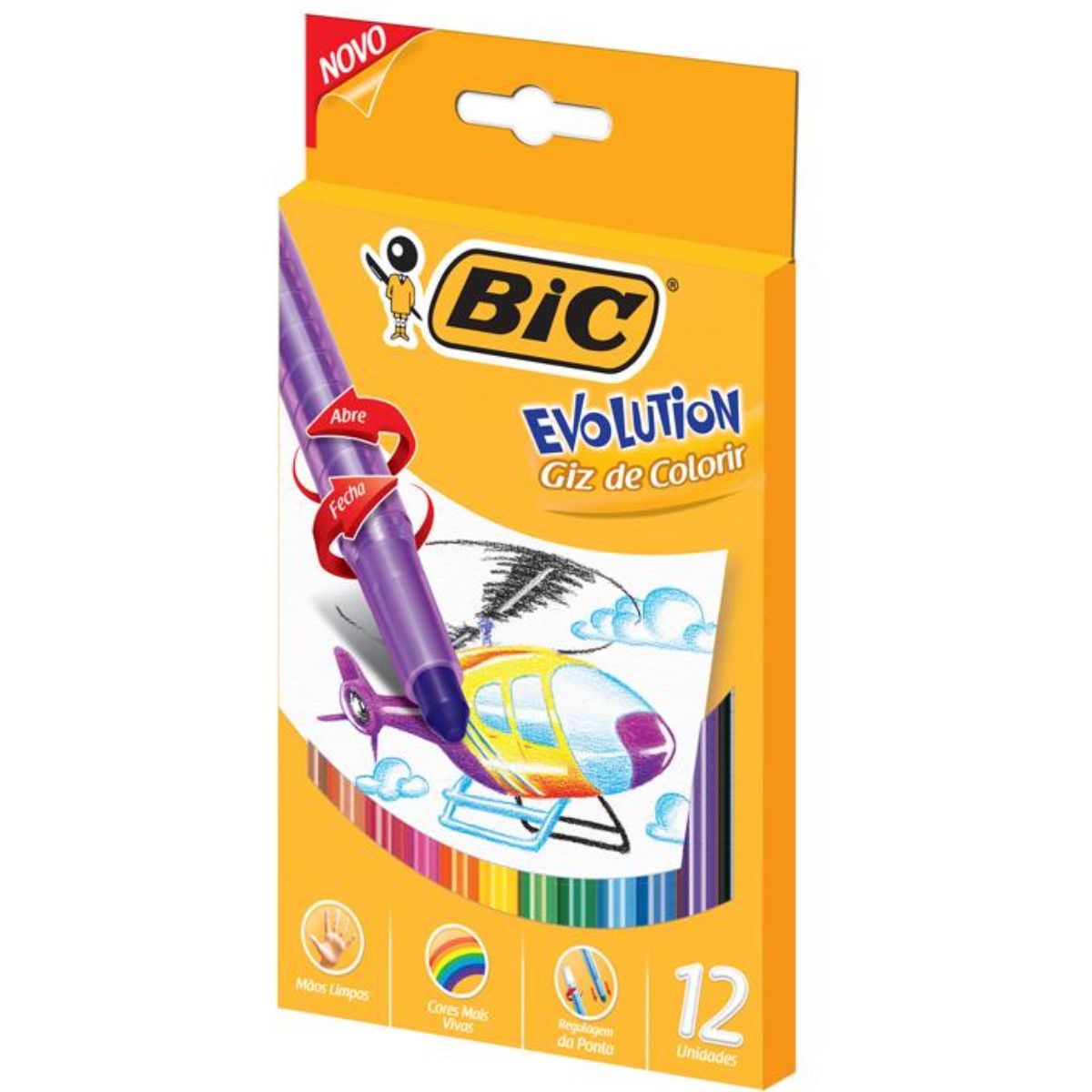 Giz de Cera Bic Evolution 12 Cores Retrátil com Regulagem de Ponta