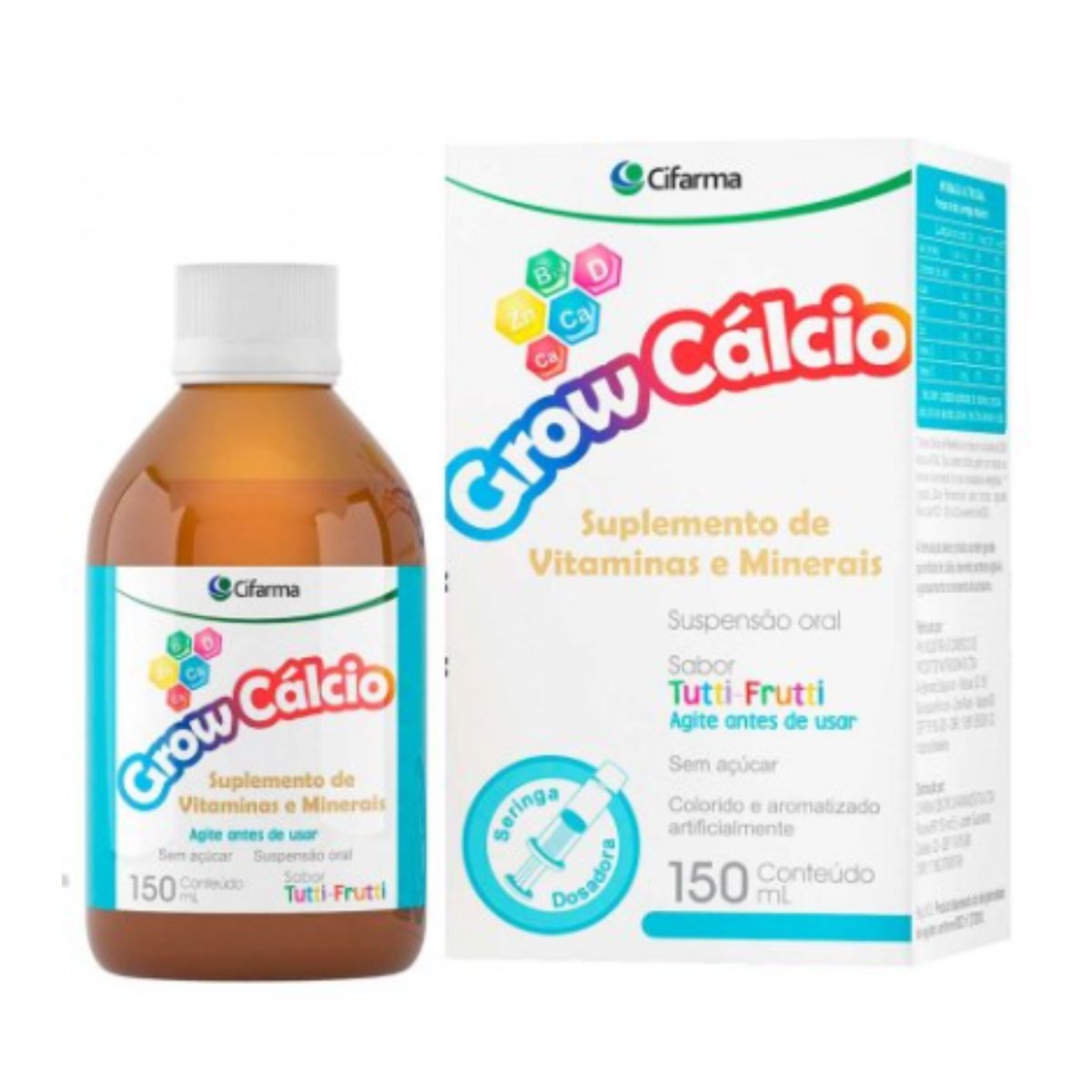 Suplemento Vitamínico Mineral Infantil Grow Cálcio Sabor Tutti-Frutti Suspensão Oral com 150 ml + Seringa Dosadora