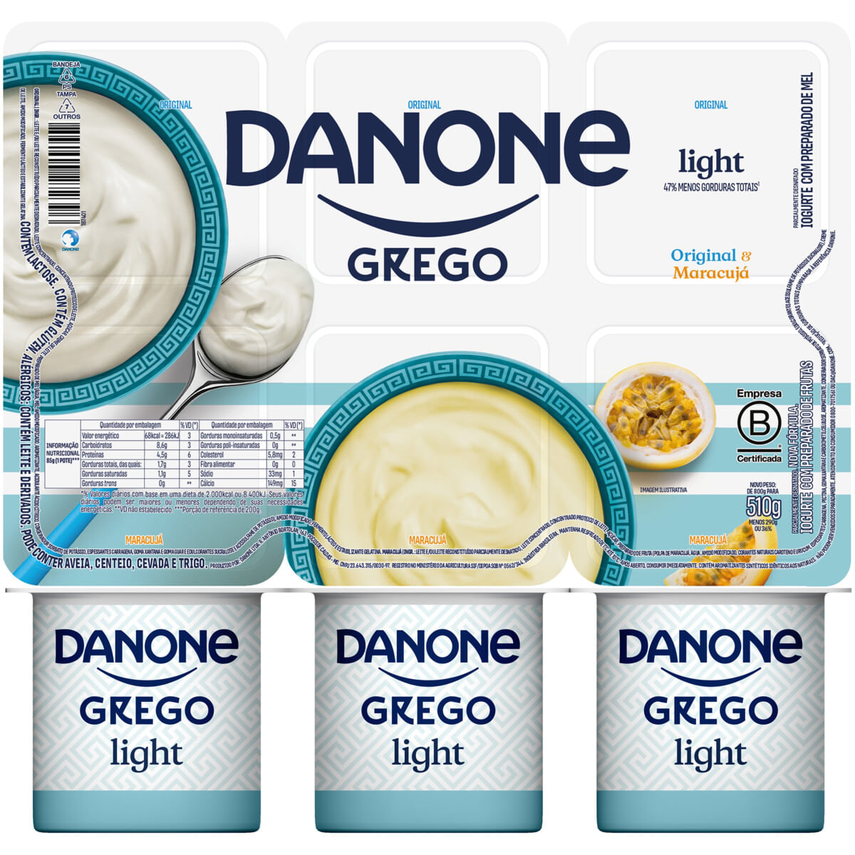 Iogurte Grego Parcialmente Desnatado Light Danone Original + Maracujá 510g 6 Unidades