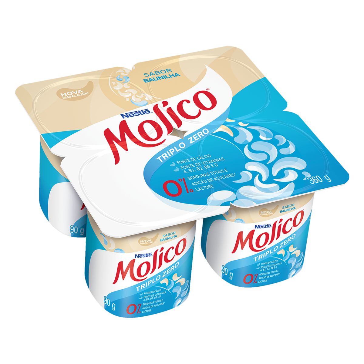 Iogurte Molico Baunilha Triplo Zero Lactose sem Adição de Açúcar Bandeja 360 g 4 Unidades de 90 g Cada