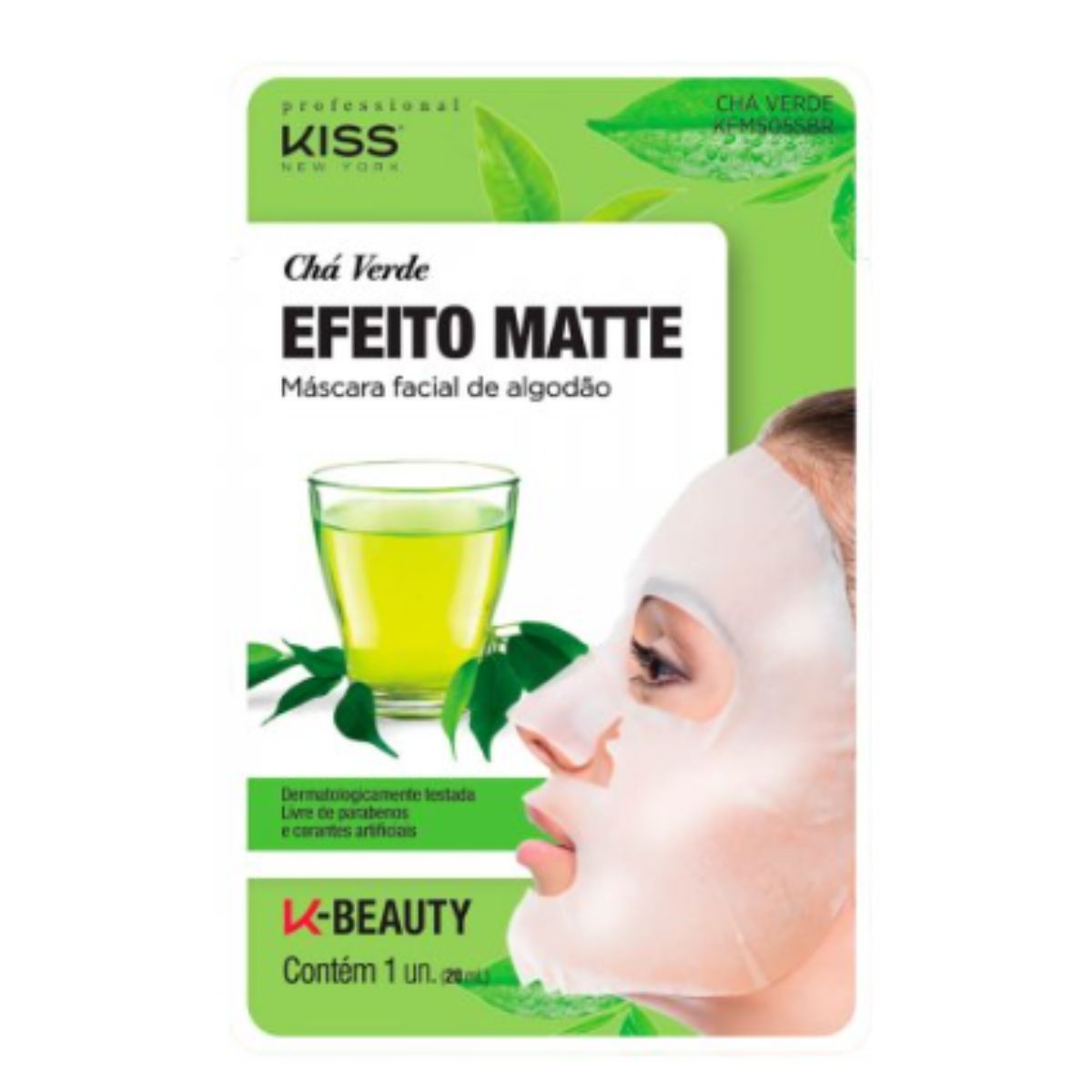 Máscara Facial de Algodão Kiss NY Chá Verde Efeito Matte com 1 Unidade