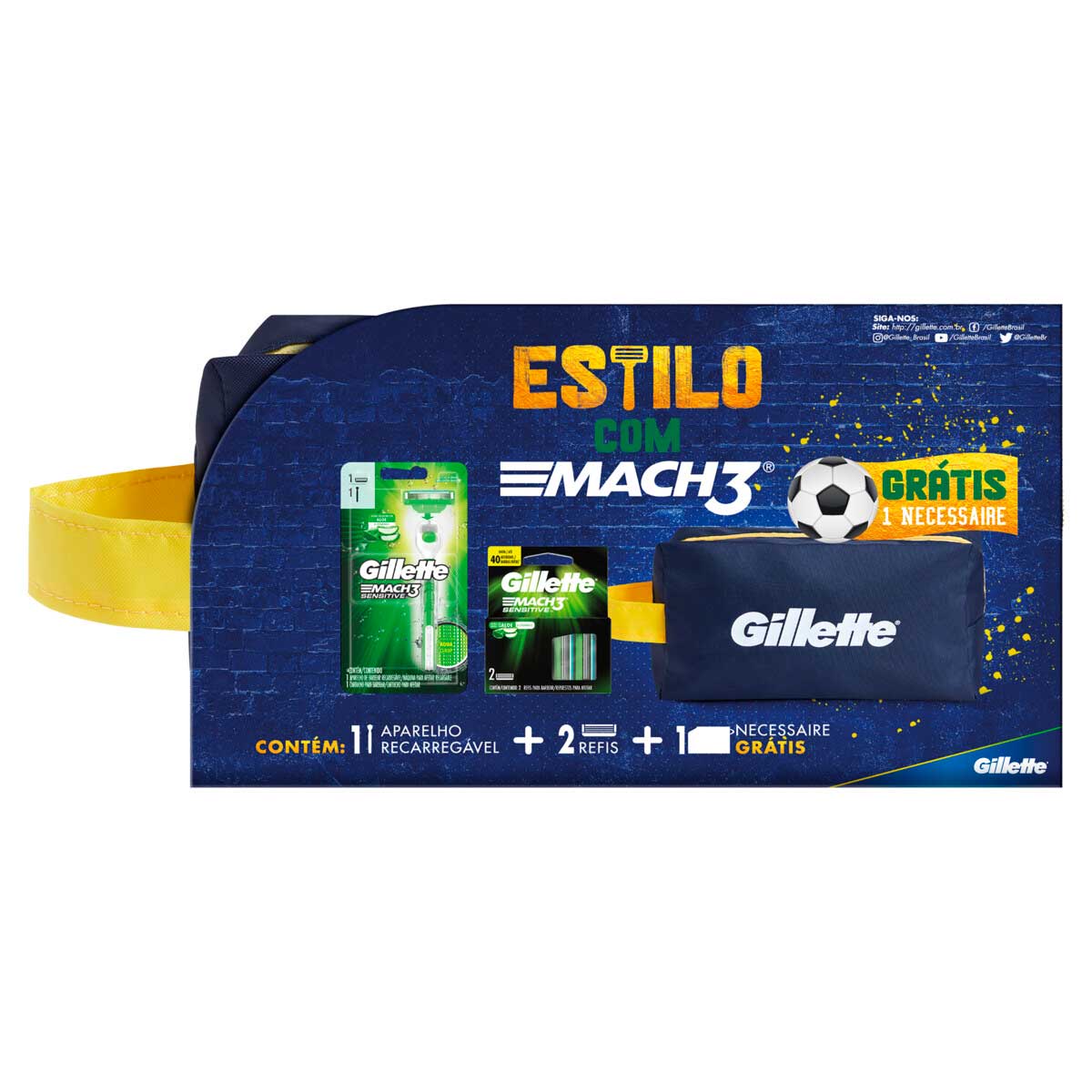 Kit 1 Aparelho Recarregável + 2 Cargas para Barbear Gillette Mach3 Sensitive Grátis 1 Necessaire