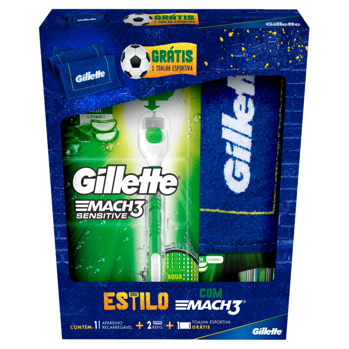 Kit 1 Aparelho Recarregável + 2 Cargas para Barbear Gillette Mach3 Sensitive Grátis 1 Toalha Esportiva