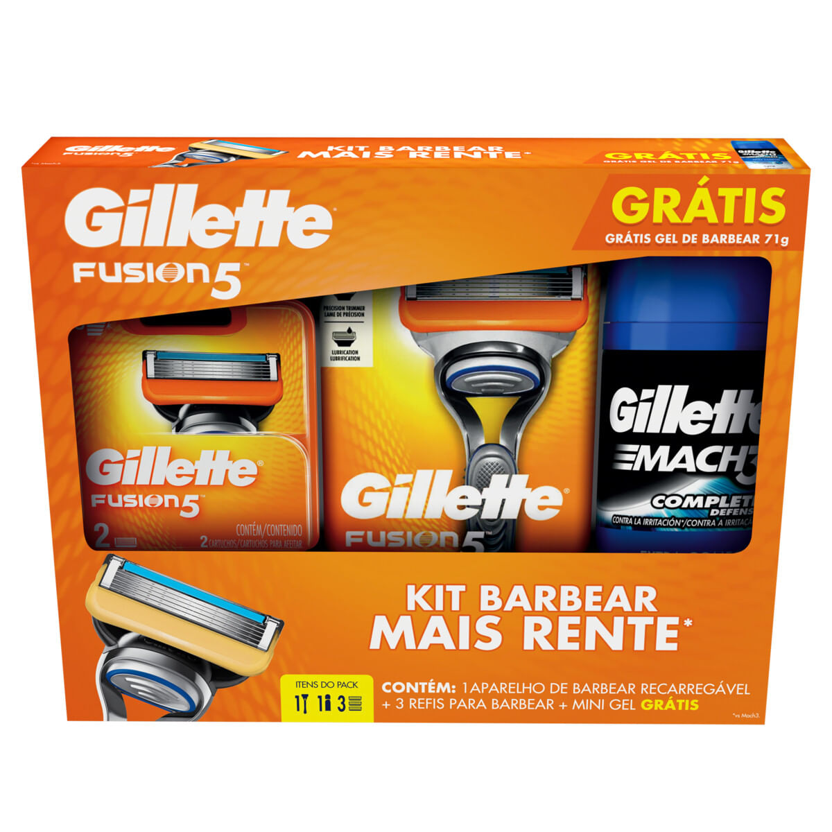 Kit 1 Aparelho Recarregável + 3 Cargas para Barbear Gillette Mach3 Fusion5 Grátis 1 Mini Gel de Barbear 71 g