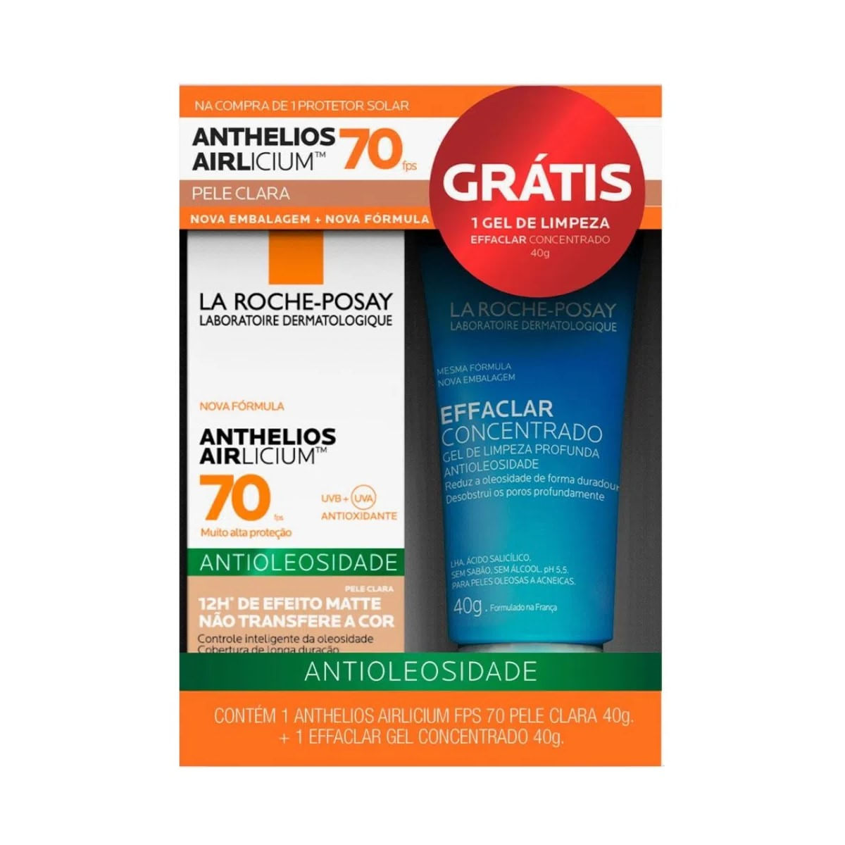 Kit Protetor Solar Facial FPS70 Anthelios Airlicium Pele Clara La Roche-Posay 40g + Gel De Limpeza Facial Effaclar 40gr