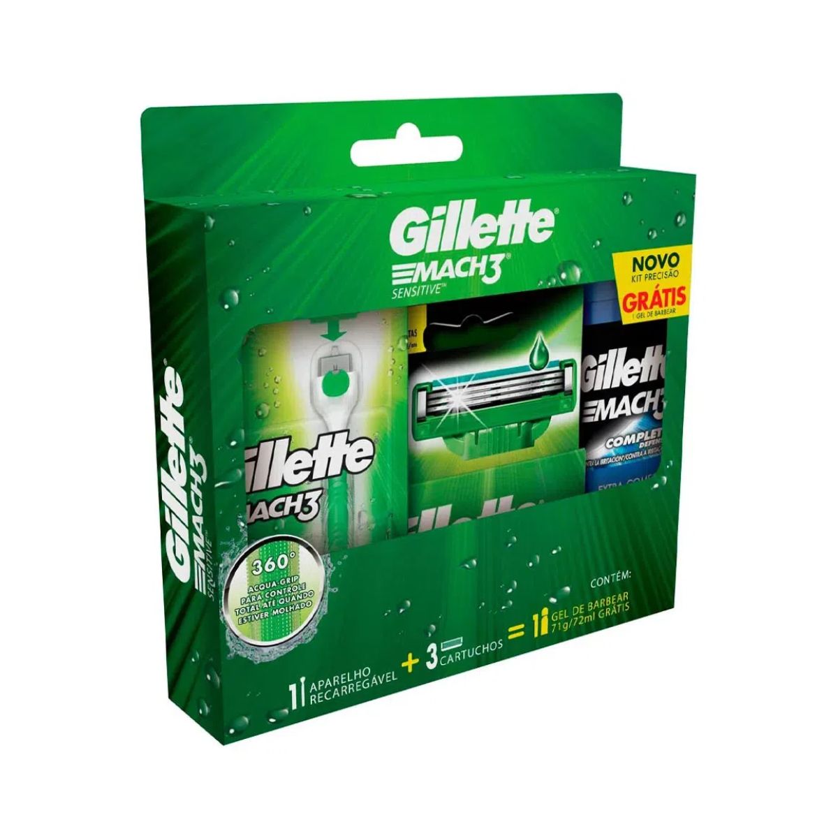 Kit Aparelho de Barbear Acqua Grip Gillete Mach3 Sensiti