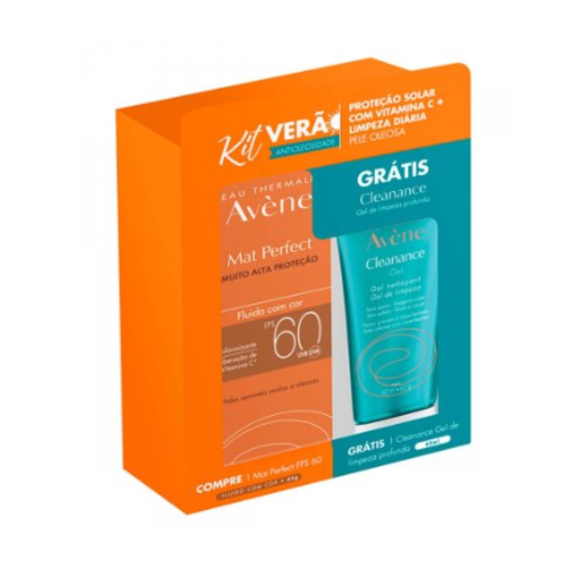 Kit Verão Avène Protetor Solar Facial Mat Perfect Fluido com Cor FPS 60 com 40 g + Gel de Limpeza Facial Cleanance com 60 ml