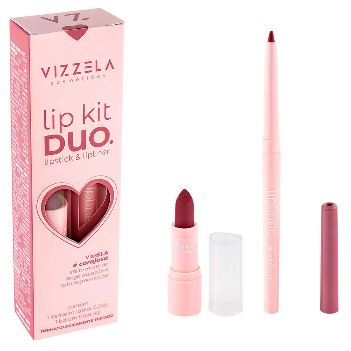 Lapiseira e Batom Bala Vizzela Cosméticos Matte Corajosa 12 Horas Kit Lip Duo 4,24g