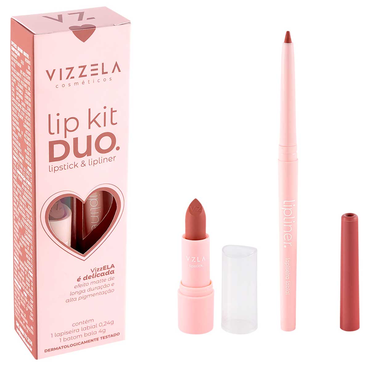 Lapiseira e Batom Bala Vizzela Cosméticos Matte Delicada 12 Horas Kit Lip Duo 4,24g