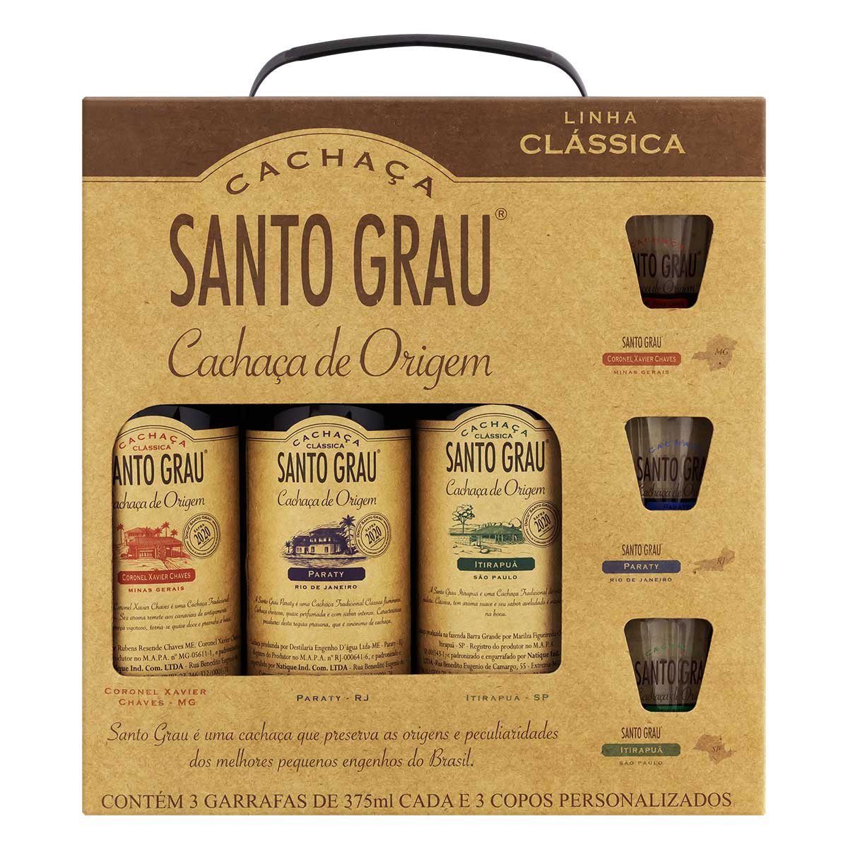 Kit 3 Copos de Dose Personalizados + 3 Cachaças Clássicas Santo Grau 375ml Cada