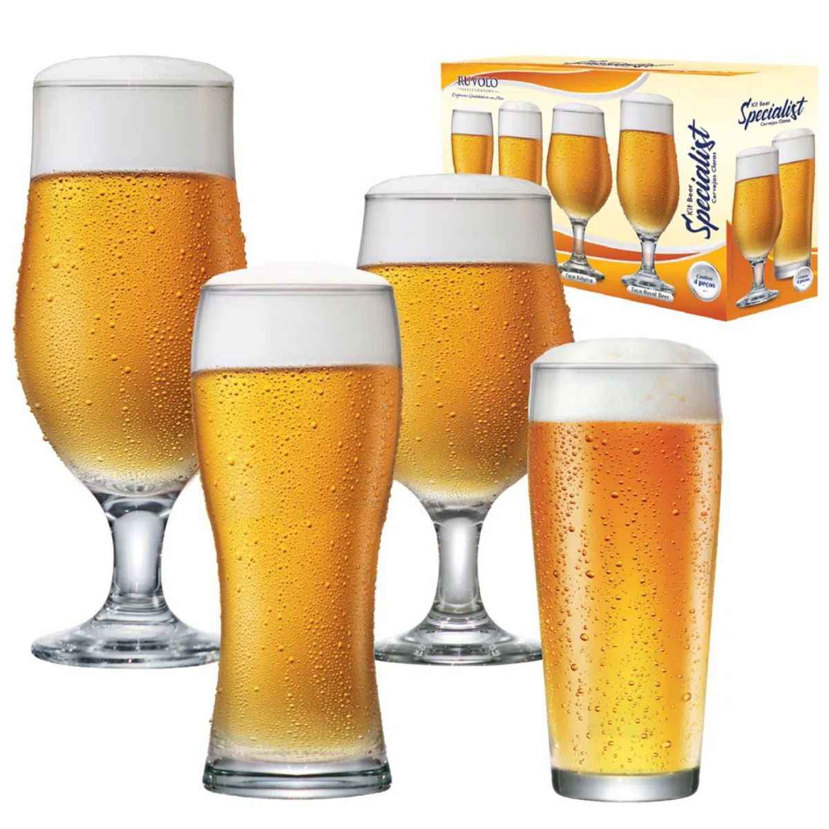 Kit de Copos para Cerveja Clara de Vidro Ruvolo Beer Specialist com 4 Peças