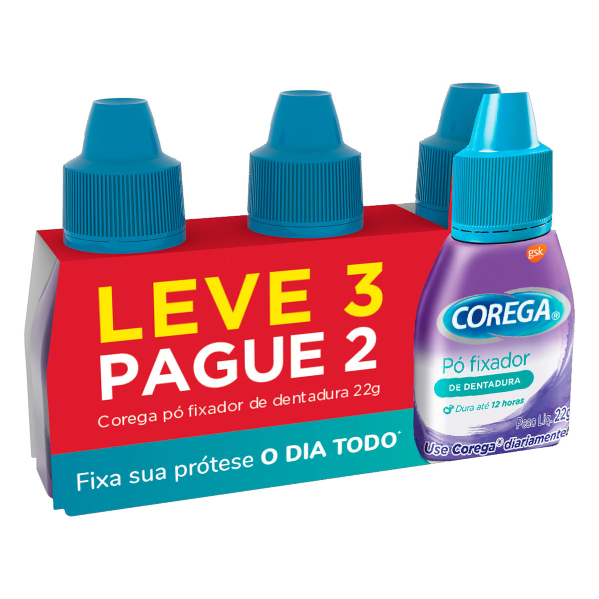 Kit Fixador de Dentadura Corega Frasco 22 g Cada Pó Leve 3 Pague 2 Unidades