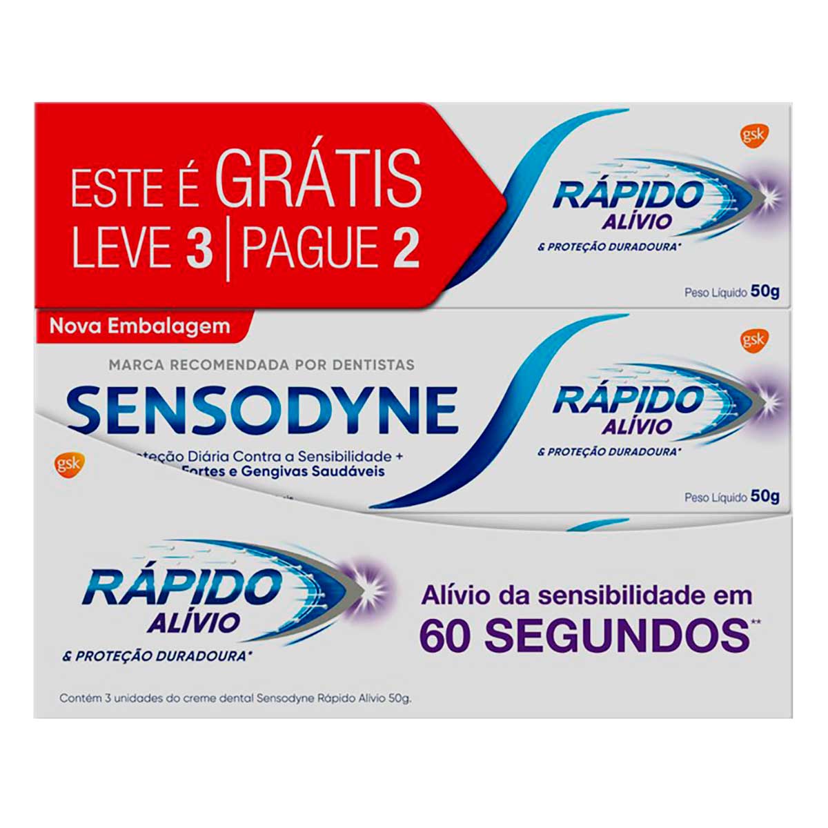 Kit Creme Dental para Dentes Sensíveis Sensodyne Rápido Alívio Leve 3 Pague 2 50g Cada