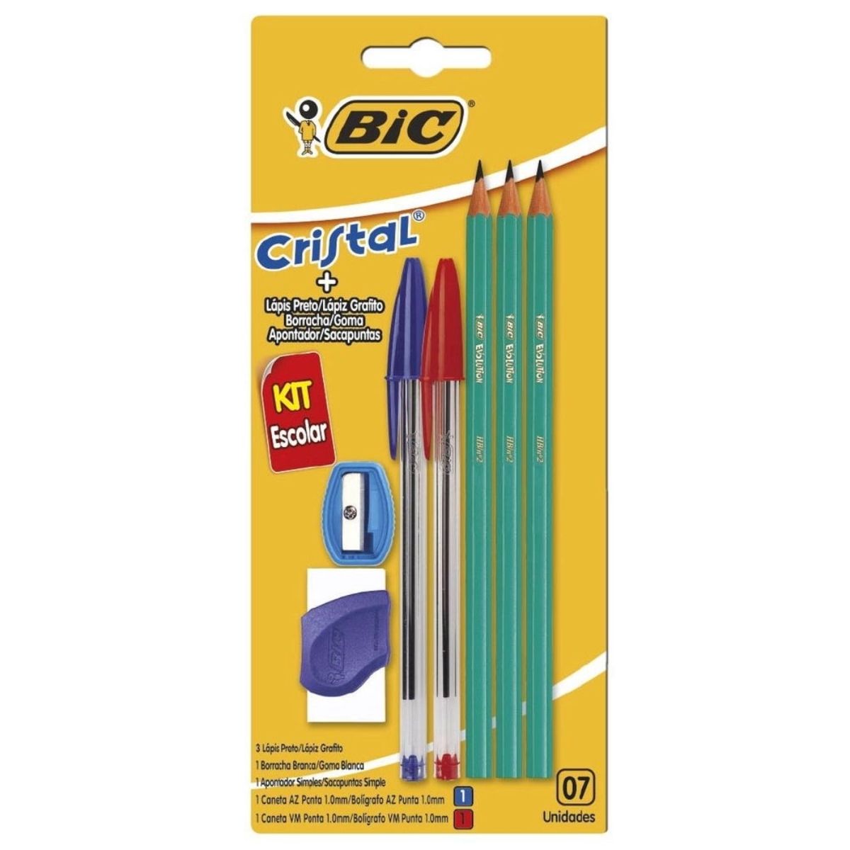 Kit Escolar Bic 3 Lápis Pretos 2 Canetas Azul e Vermelha Borracha e Apontador