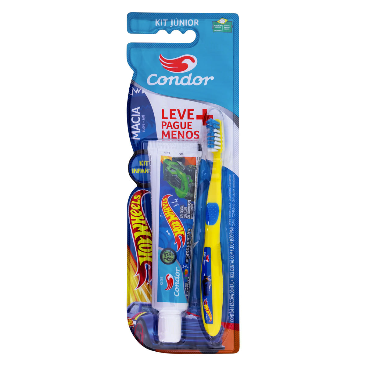 Kit Escova Dental Infantil Condor Macia e Suave Amarela com Azul Hot Wheels + Gel Dental