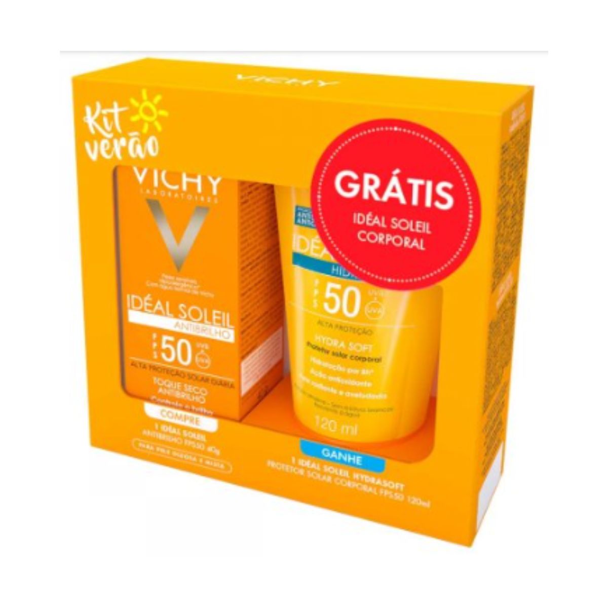 Kit Protetor Solar Vichy Ideal Soleil Antibrilho FPS 50 com 40 g + Hydra Soft FPS 50 com 120 ml