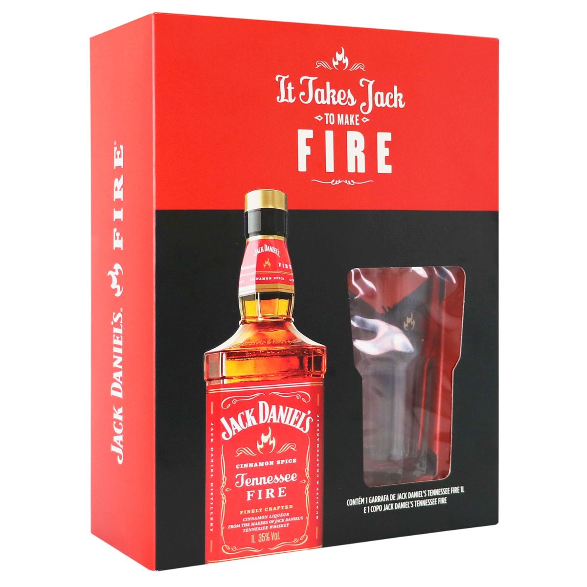 Kit de Licor de Whisky Jack Daniel&apos;s Fire Sabor Canela Picante 1L com Copo