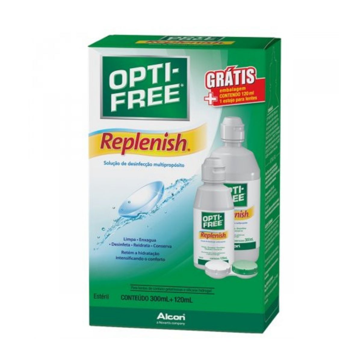 Kit Opti-Free Replenish com 1 Solução Oftálmica de 300ml + 1 Solução Oftálmica de 120ml + 1 Estojo para Lentes de Contato