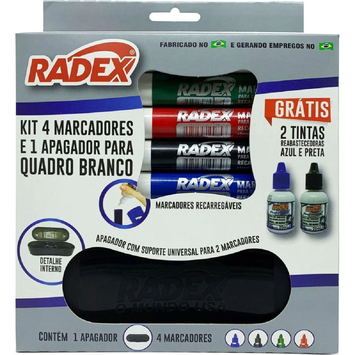 Kit Quadro Branco 4 Marcadores 1 Apagador 2 Tintas Radex