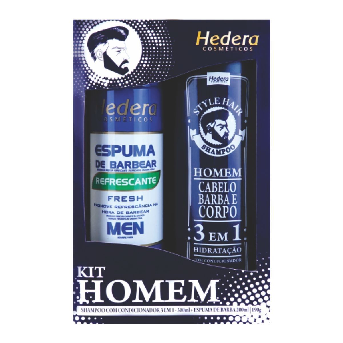 Kit Shampoo Homem 3 em 1 300 ml + Espuma Barbear 200 ml Hedera