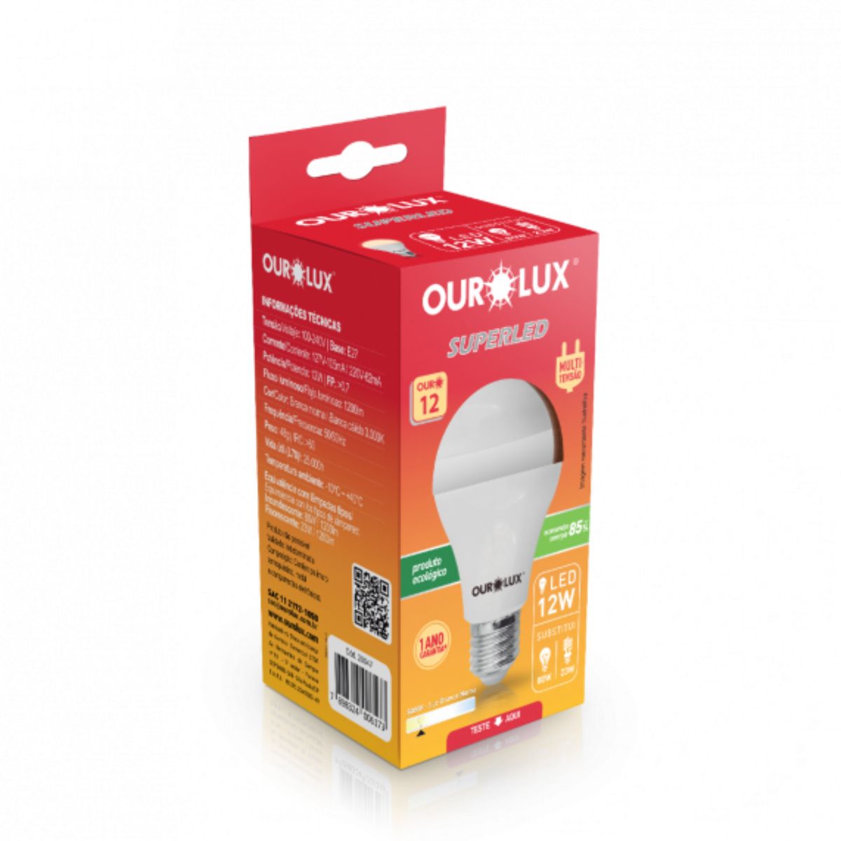 Lâmpada Superled Ouro Branca Bivolt 12W 3000K Ourolux Bulbo A