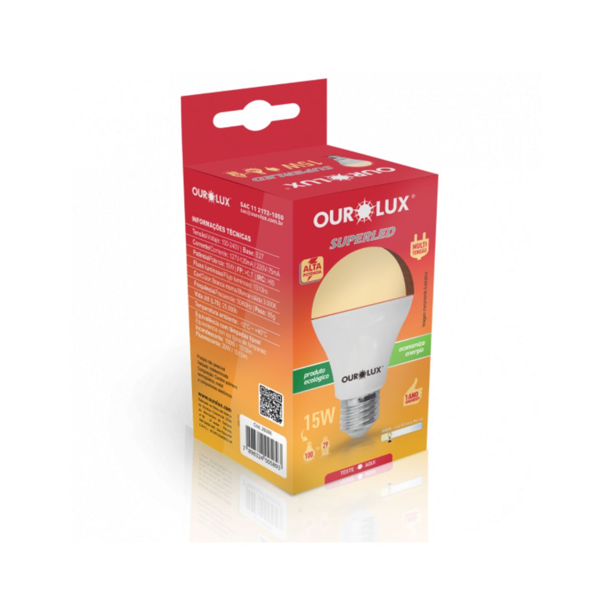 Lâmpada Superled Alta Potência Branca Bivolt 15W 3000K Ourolux Bolbo A