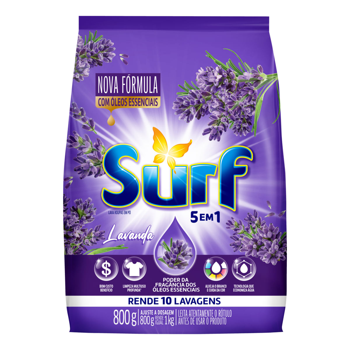 Lava Roupas Sanitizante em Pó Surf 5 em 1 Lavanda 800 g