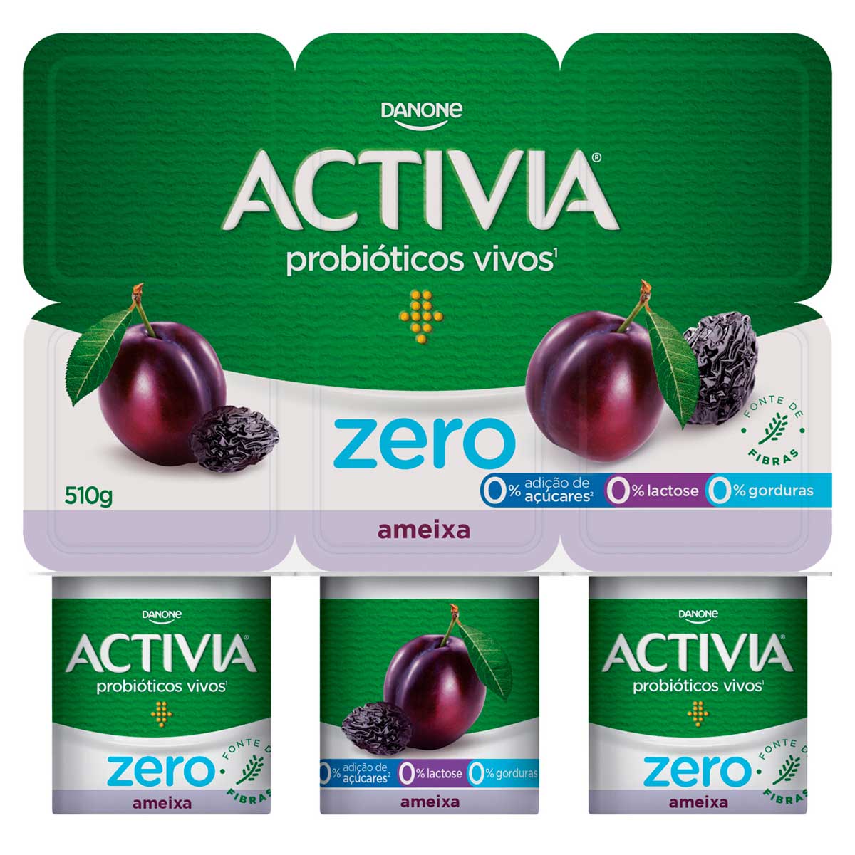 Leite Fermentado Desnatado Zero Lactose Sabor Ameixa Activia Zero 510g 6 Unidades