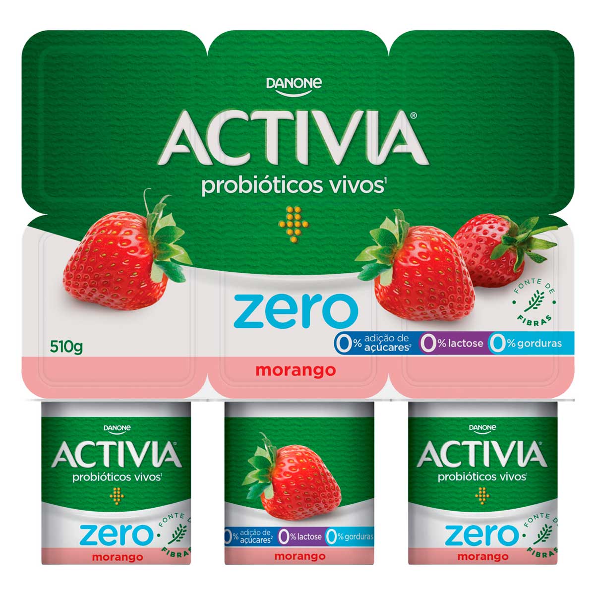 Leite Fermentado Desnatado Zero Lactose Sabor Morango Activia Zero 510g 6 Unidades