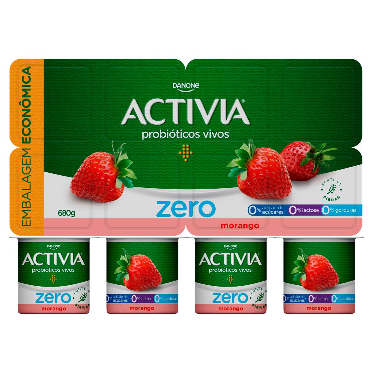 Leite Fermentado Desnatado Zero Lactose Sabor Morango Activia Zero 680g 8 Unidades Embalagem Econômica