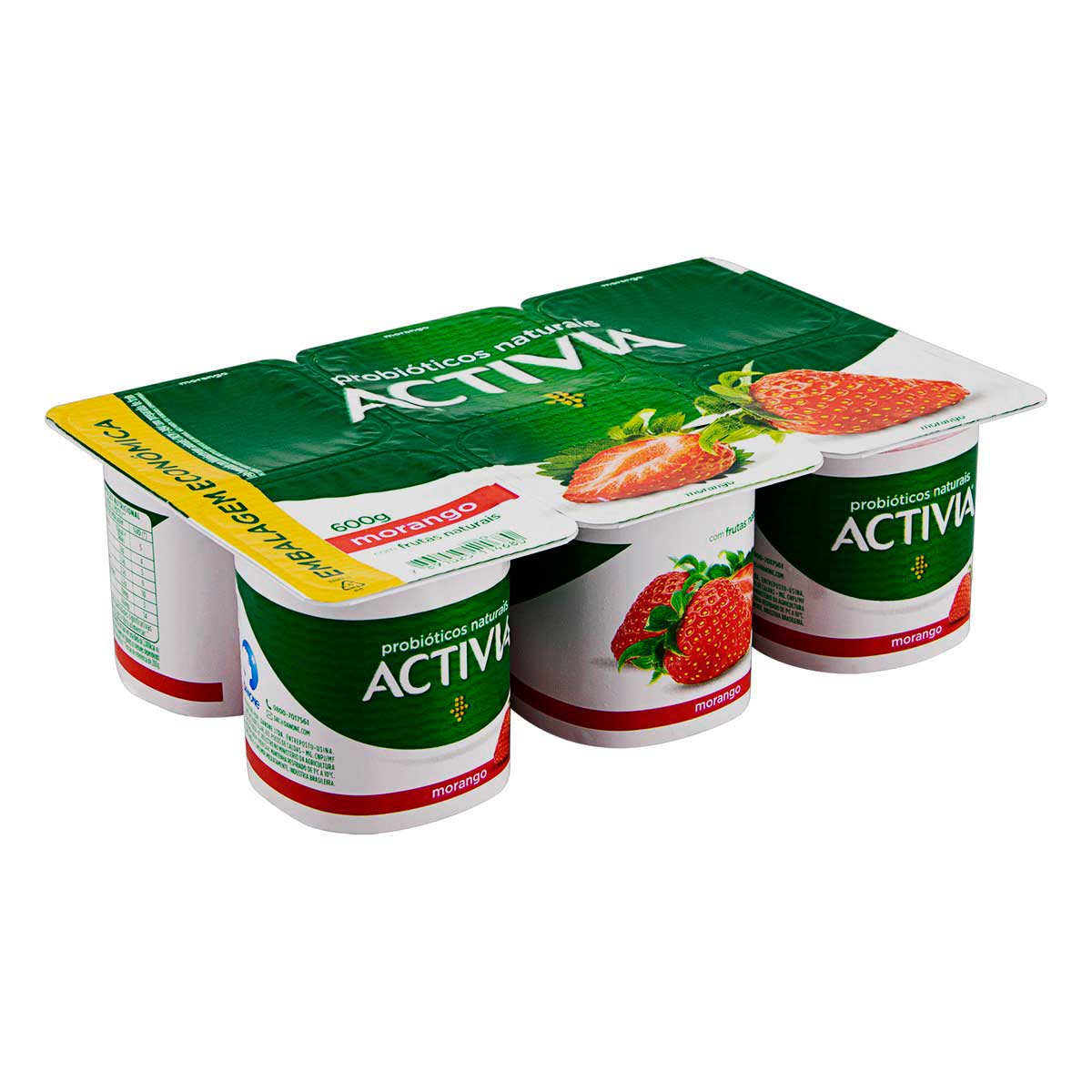 Leite Fermentado Integral Sabor Morango Activia 600g 6 Unidades Embalagem Econômica