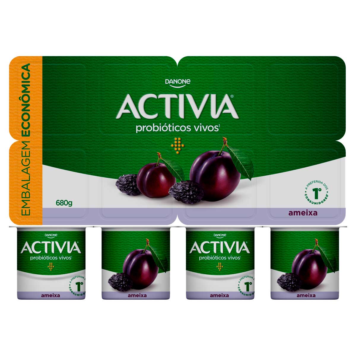 Leite Fermentado Integral Sabor Ameixa Activia 680g 8 Unidades Embalagem Econômica