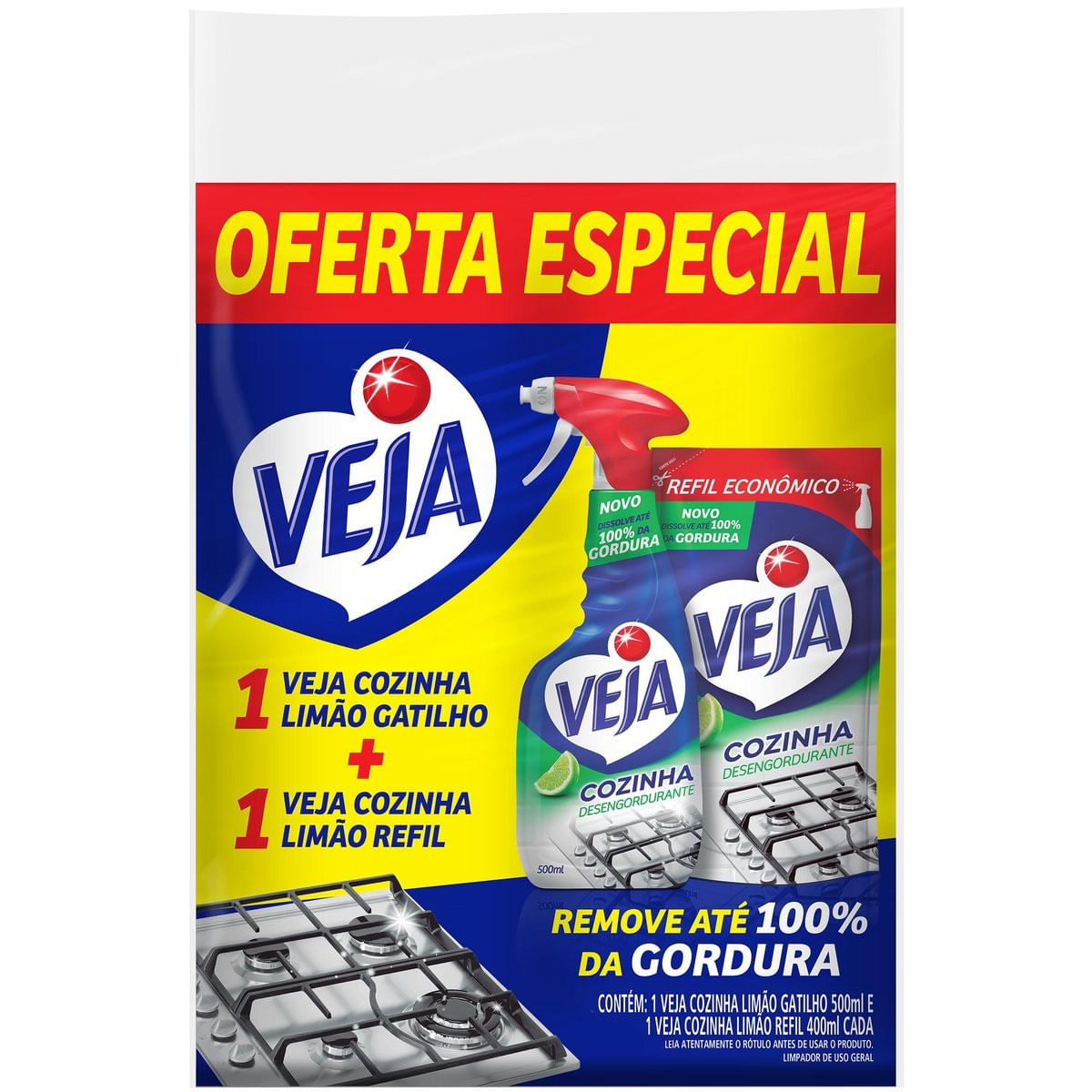 Limpador Desengordurante Veja Cozinha Limão Kit com 1 Spray 500ml e 1 Refil 400 ml