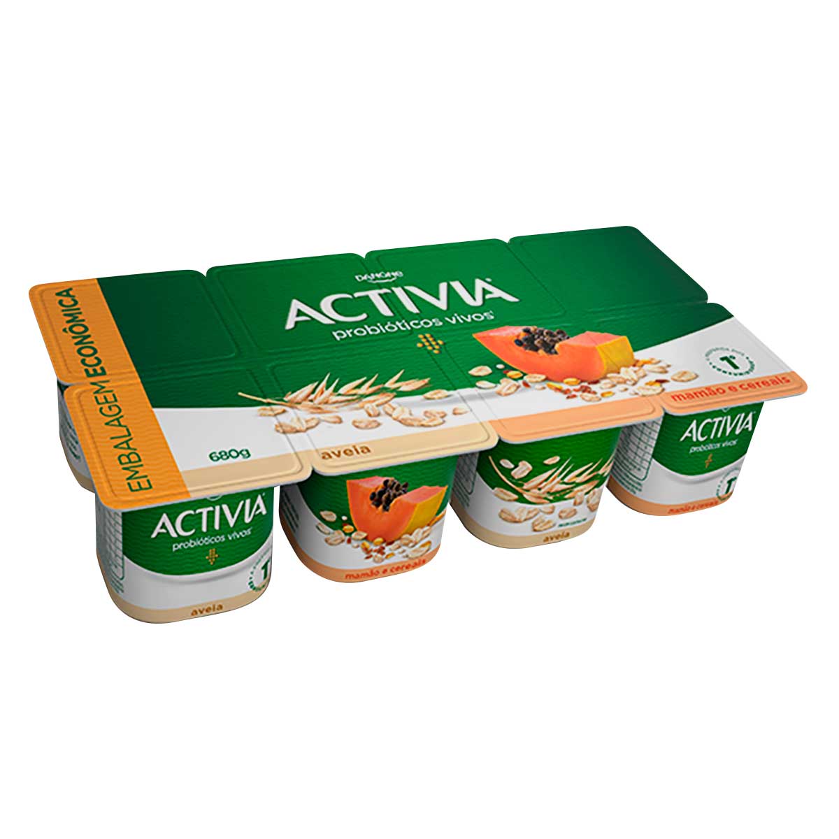 Leite Fermentado Integral Sabor Aveia + Mamão e Cereais Activia 680g 8 Unidades Embalagem Econômica