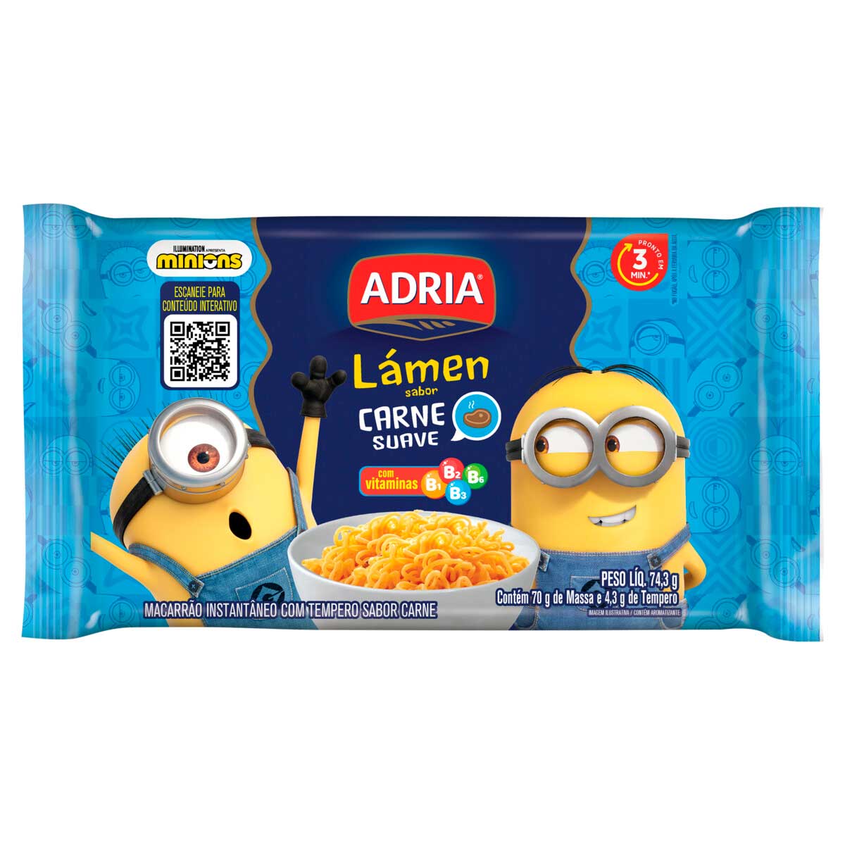 Macarrão Instantâneo Adria Minions Sabor Carne Suave 74,3g