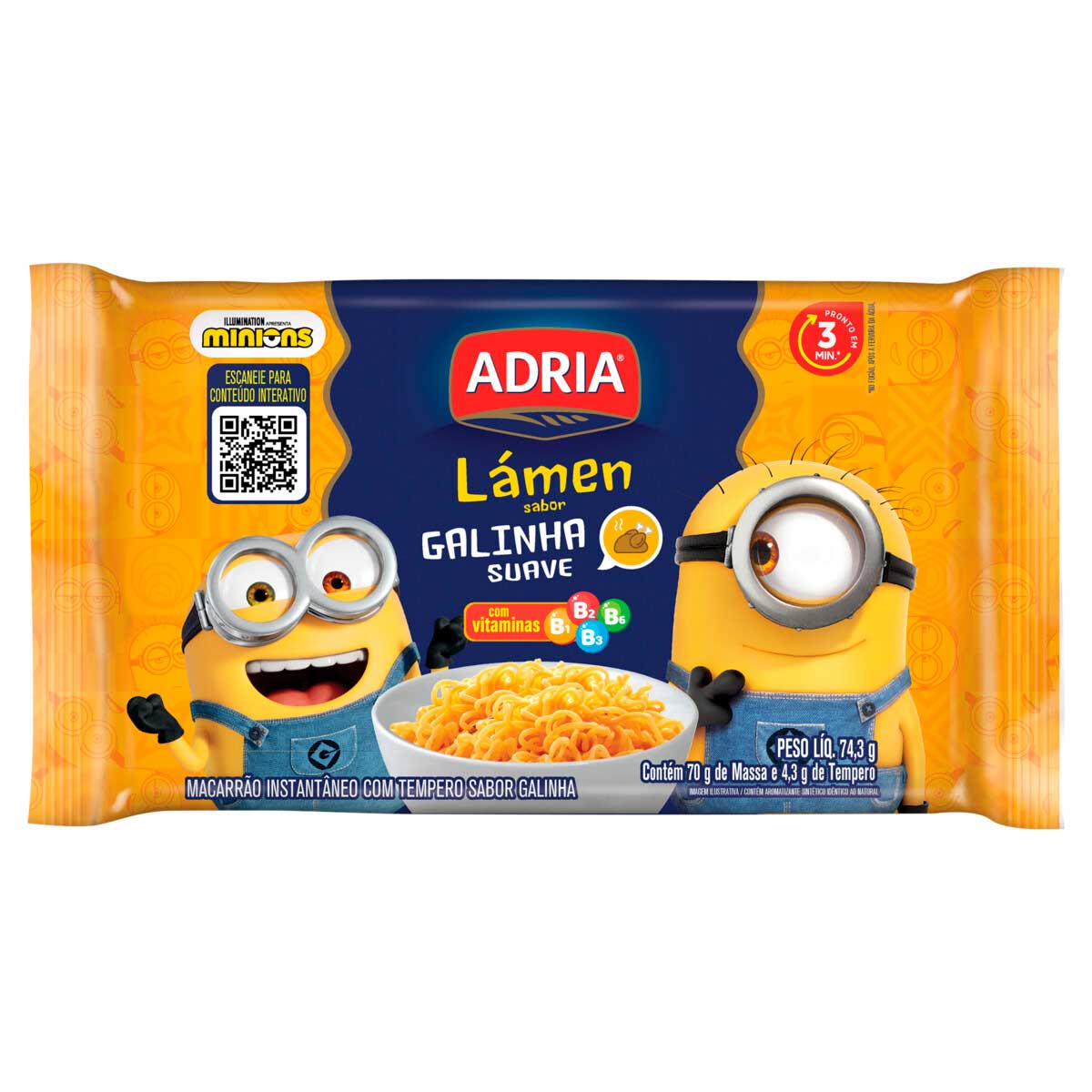 Macarrão Instantâneo Adria Minions Sabor Galinha Suave 74,3g