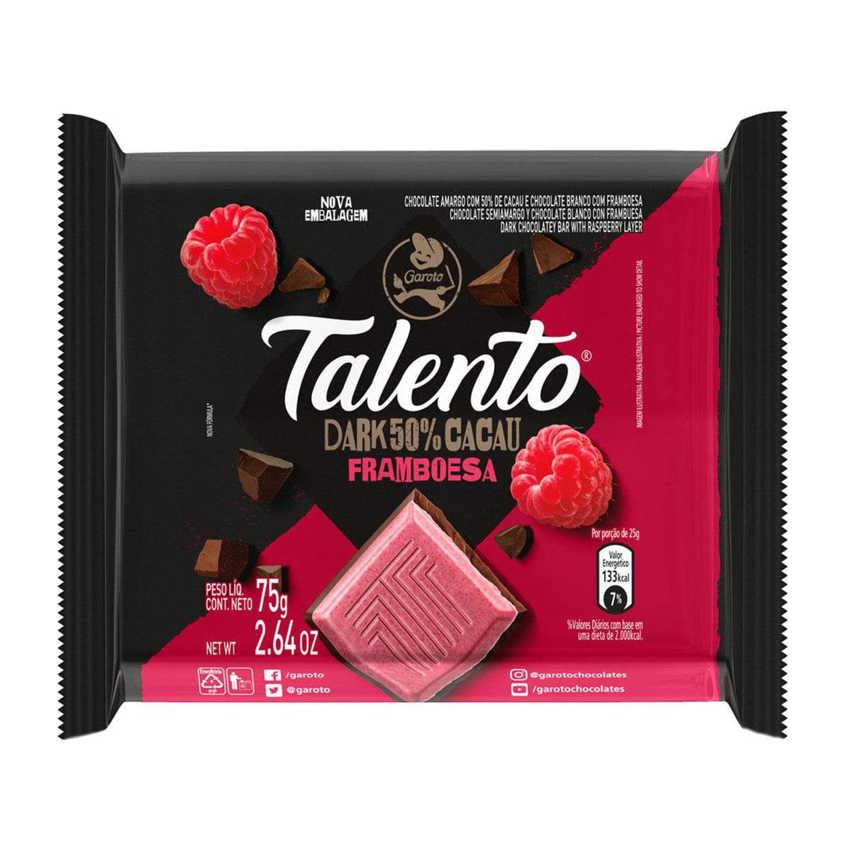 Mini Chocolate Meio Amargo Sabor Framboesa 50% Cacau Talento Dark 75g