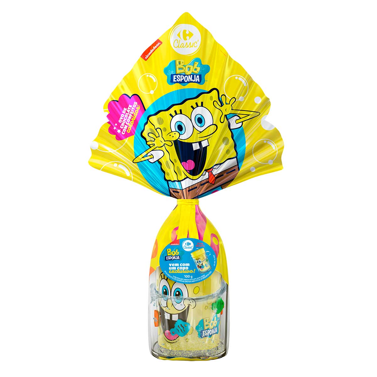 Ovo de Chocolate ao Leite com Confeitos Coloridos Carrefour Classic Bob Esponja com Copo Exclusivo 100 g