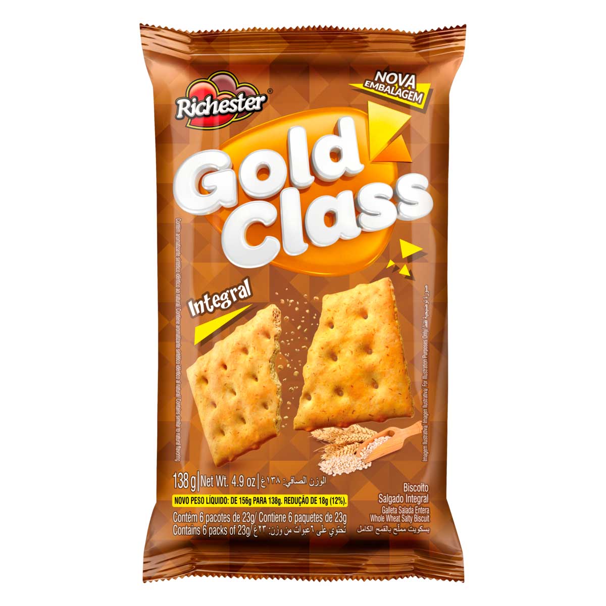 Pack Biscoito Integral Richester Gold Class 138g 6 Unidades