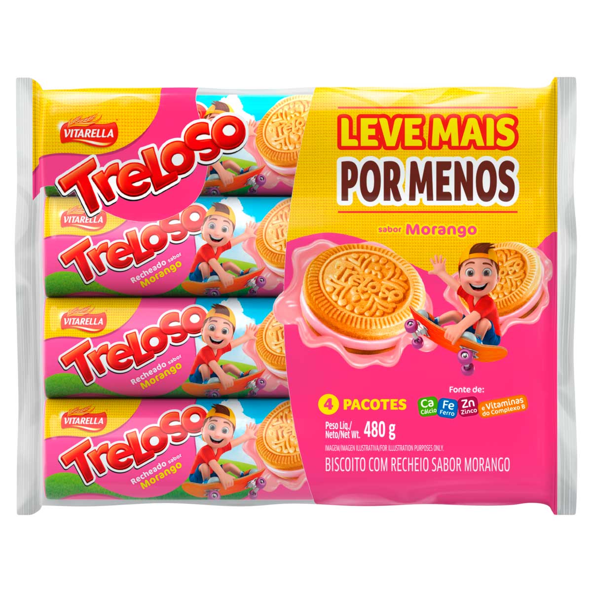 Pack Biscoito Recheado de Morango Vitarella Treloso 480g 4 Unidades Leve Mais Pague Menos