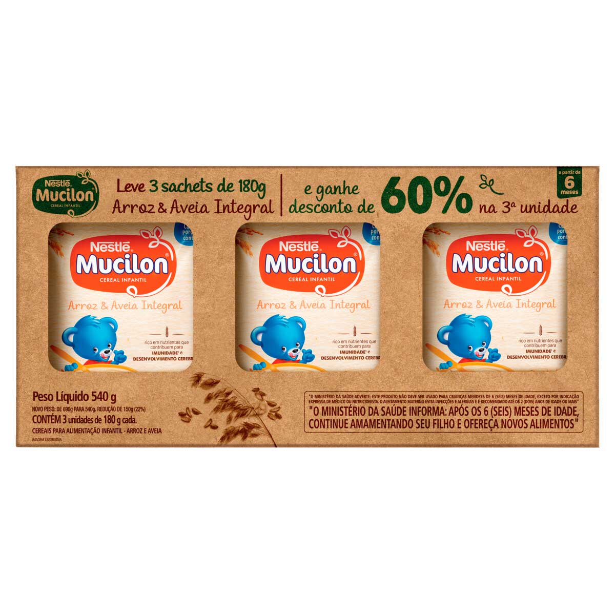 Pack Cereal Infantil Integral Arroz &amp; Aveia Mucilon 540g 3 Unidades Grátis Desconto de 60% na 3ª Unidade